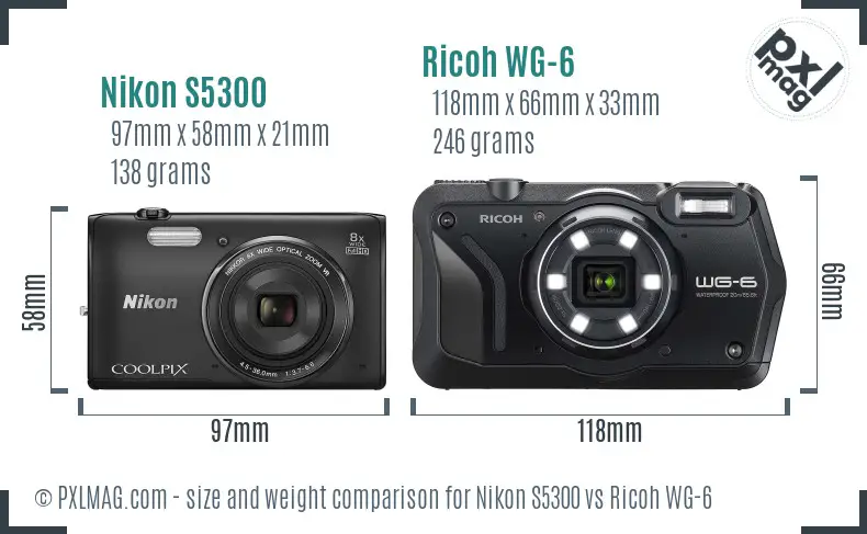 Nikon S5300 vs Ricoh WG-6 size comparison