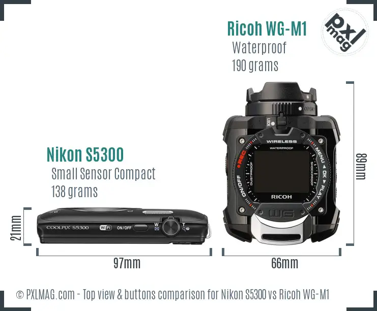 Nikon S5300 vs Ricoh WG-M1 top view buttons comparison