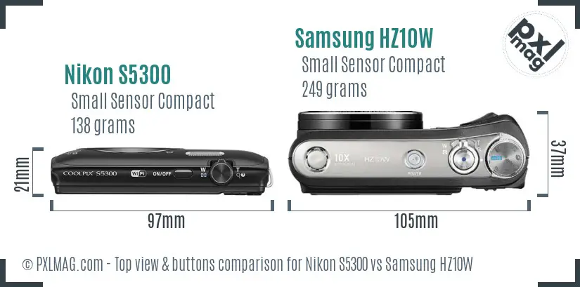 Nikon S5300 vs Samsung HZ10W top view buttons comparison Nikon S5300 vs Samsung HZ10W top view buttons comparison