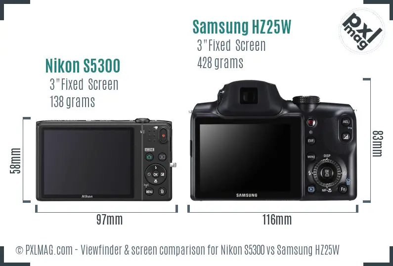 Nikon S5300 vs Samsung HZ25W Screen and Viewfinder comparison