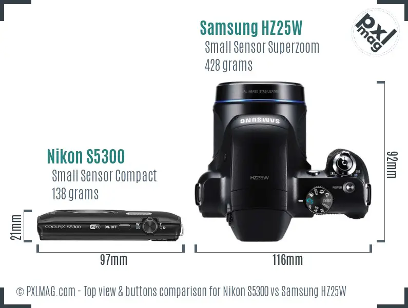 Nikon S5300 vs Samsung HZ25W top view buttons comparison