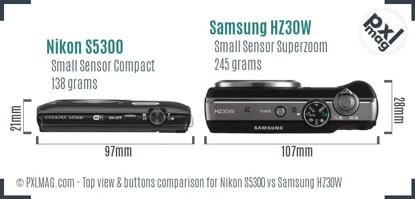 Nikon S5300 vs Samsung HZ30W top view buttons comparison