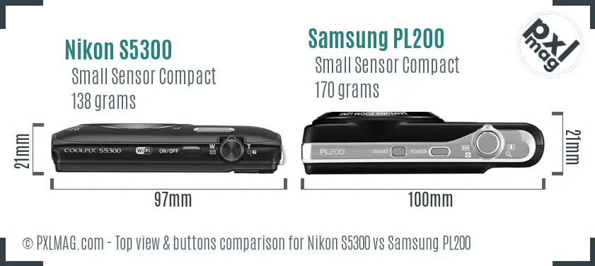 Nikon S5300 vs Samsung PL200 top view buttons comparison