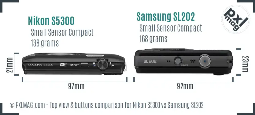 Nikon S5300 vs Samsung SL202 top view buttons comparison