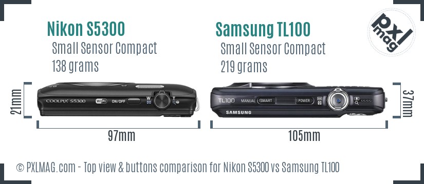 Nikon S5300 vs Samsung TL100 top view buttons comparison