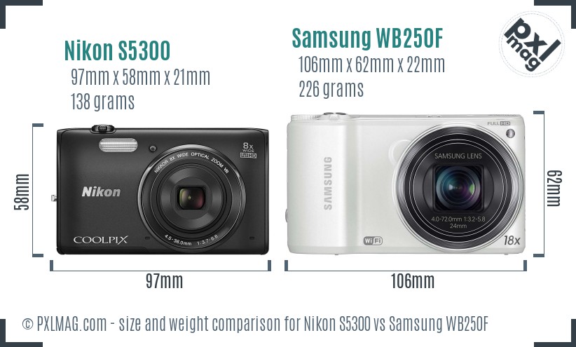 Nikon S5300 vs Samsung WB250F size comparison