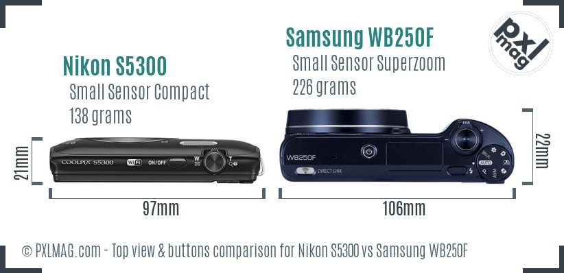 Nikon S5300 vs Samsung WB250F top view buttons comparison