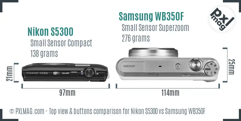 Nikon S5300 vs Samsung WB350F top view buttons comparison Nikon S5300 vs Samsung WB350F top view buttons comparison