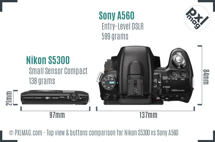 Nikon S5300 vs Sony A560 top view buttons comparison