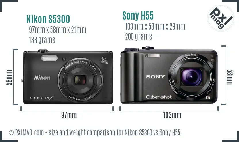 Nikon S5300 vs Sony H55 size comparison