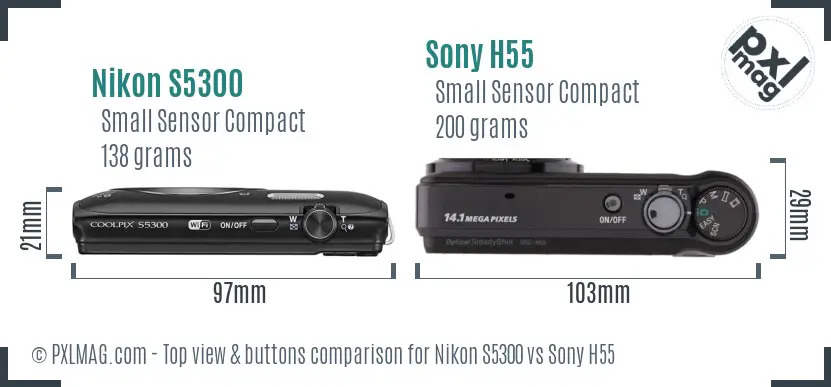 Nikon S5300 vs Sony H55 top view buttons comparison