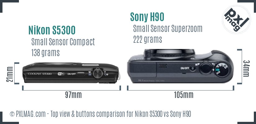 Nikon S5300 vs Sony H90 top view buttons comparison