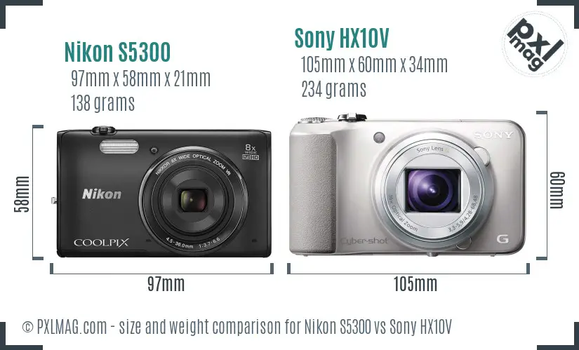 Nikon S5300 vs Sony HX10V size comparison Nikon S5300 vs Sony HX10V size comparison
