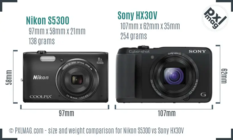 Nikon S5300 vs Sony HX30V size comparison