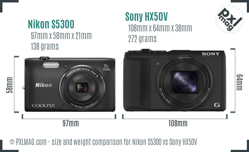 Nikon S5300 vs Sony HX50V size comparison