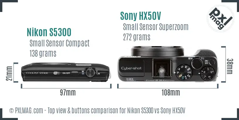 Nikon S5300 vs Sony HX50V top view buttons comparison