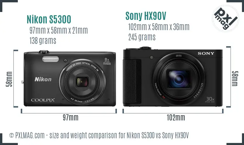 Nikon S5300 vs Sony HX90V size comparison