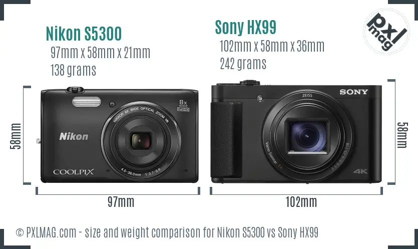 Nikon S5300 vs Sony HX99 size comparison Nikon S5300 vs Sony HX99 size comparison
