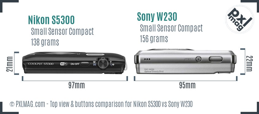 Nikon S5300 vs Sony W230 top view buttons comparison