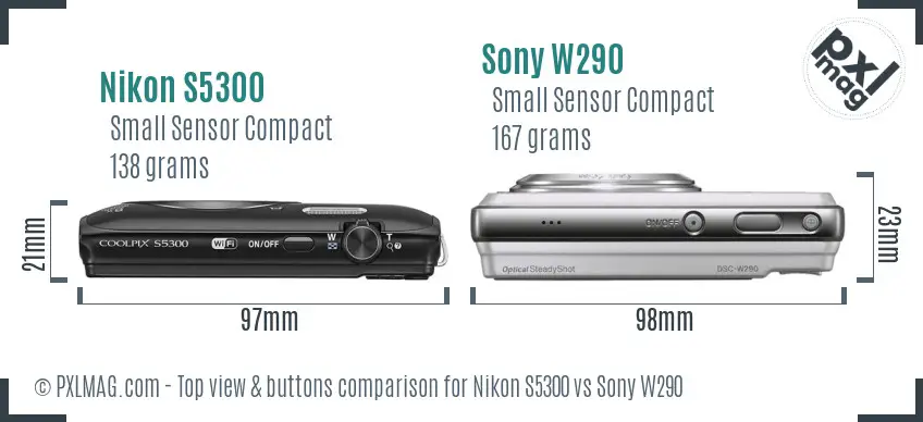 Nikon S5300 vs Sony W290 top view buttons comparison Nikon S5300 vs Sony W290 top view buttons comparison