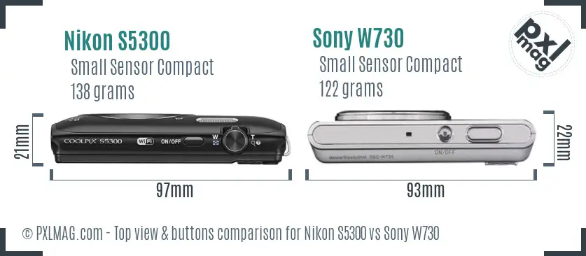 Nikon S5300 vs Sony W730 top view buttons comparison