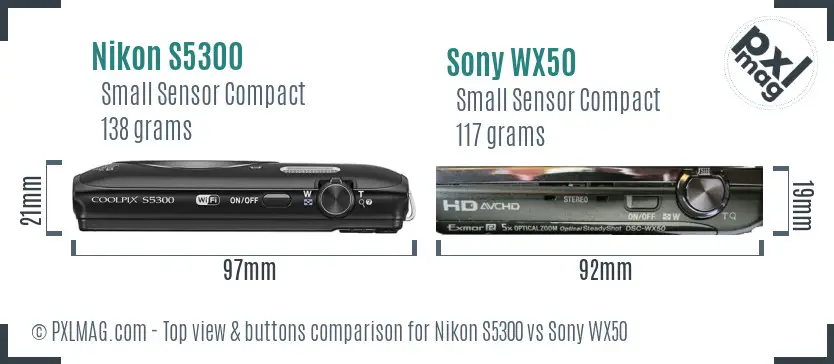 Nikon S5300 vs Sony WX50 top view buttons comparison