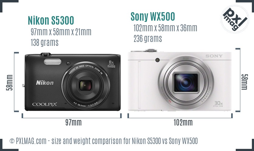 Nikon S5300 vs Sony WX500 size comparison