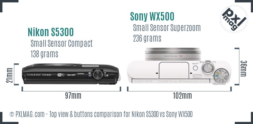 Nikon S5300 vs Sony WX500 top view buttons comparison