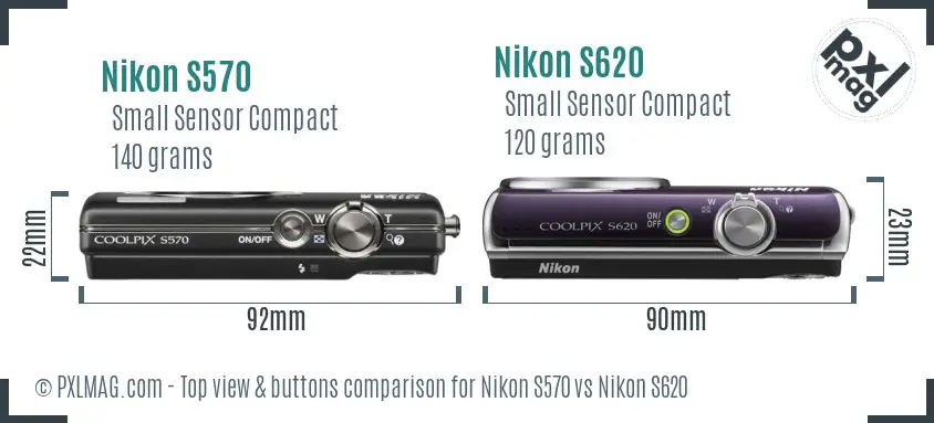 Nikon S570 vs Nikon S620 top view buttons comparison