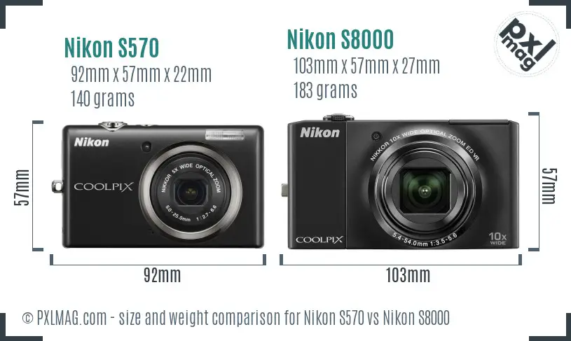 Nikon S570 vs Nikon S8000 size comparison