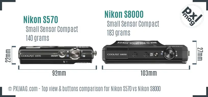 Nikon S570 vs Nikon S8000 top view buttons comparison