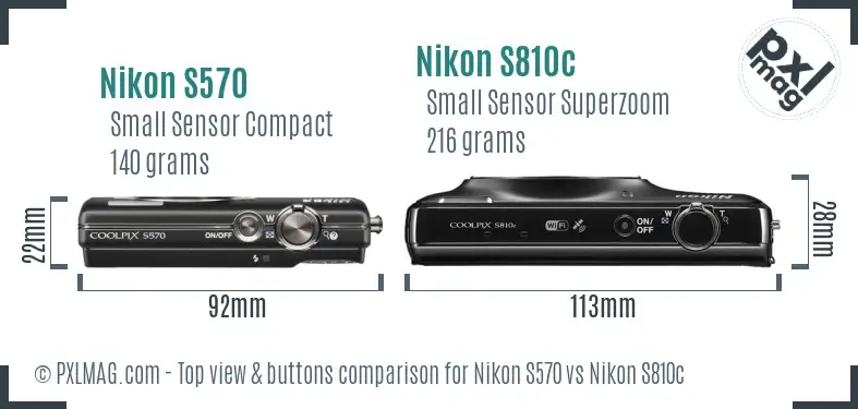 Nikon S570 vs Nikon S810c top view buttons comparison