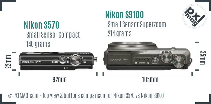 Nikon S570 vs Nikon S9100 top view buttons comparison
