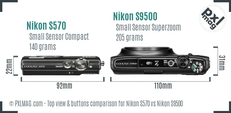 Nikon S570 vs Nikon S9500 top view buttons comparison