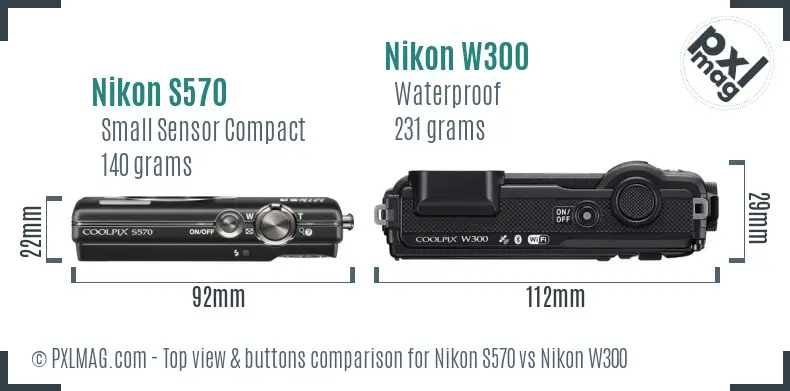 Nikon S570 vs Nikon W300 top view buttons comparison