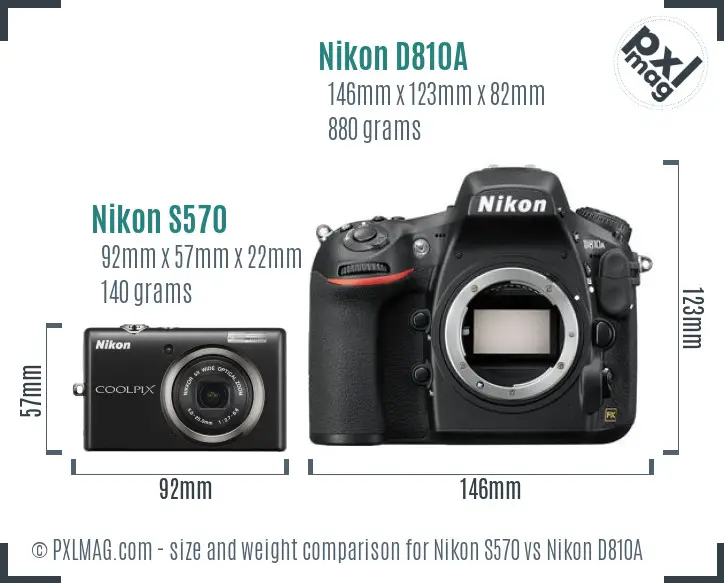 Nikon S570 vs Nikon D810A size comparison