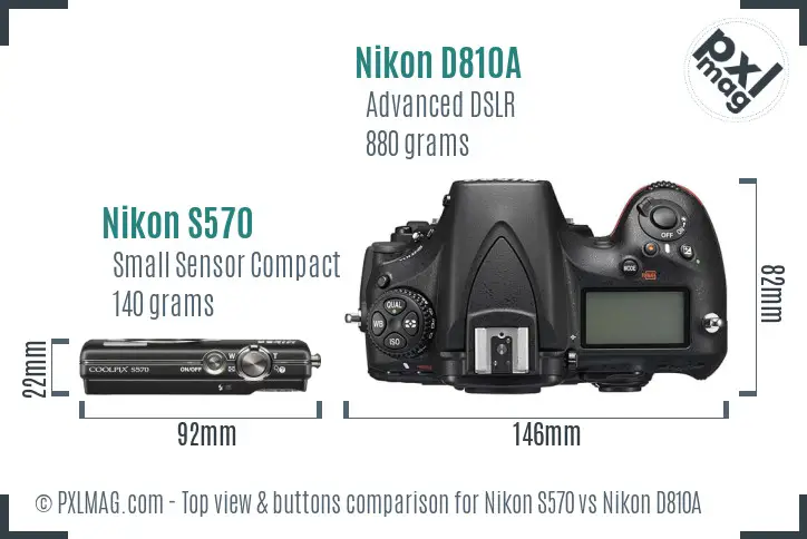 Nikon S570 vs Nikon D810A top view buttons comparison