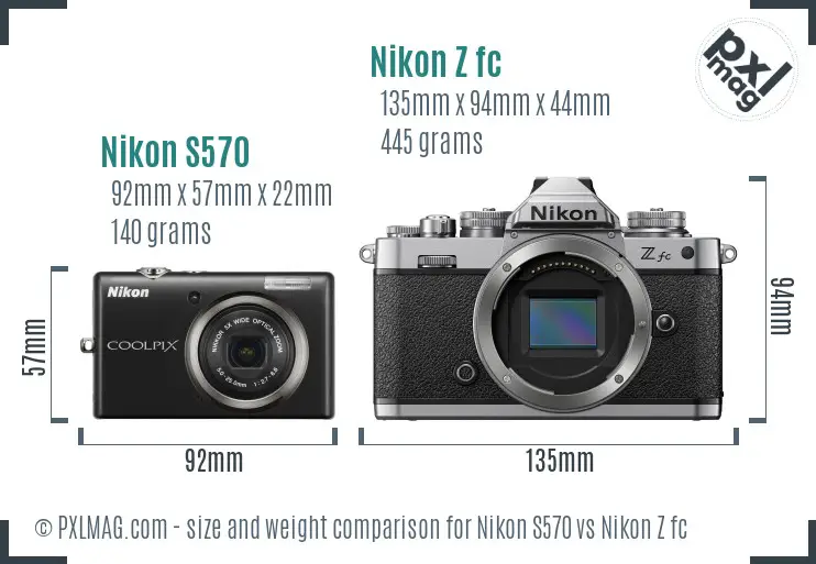 Nikon S570 vs Nikon Z fc size comparison
