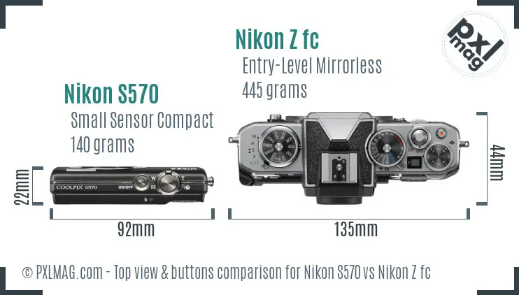 Nikon S570 vs Nikon Z fc top view buttons comparison