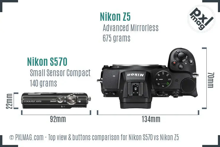 Nikon S570 vs Nikon Z5 top view buttons comparison