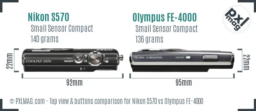 Nikon S570 vs Olympus FE-4000 top view buttons comparison