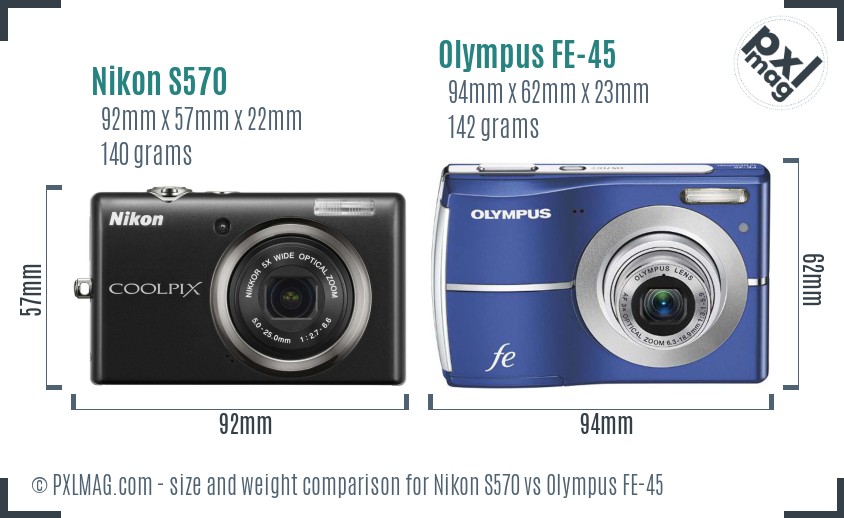 Nikon S570 vs Olympus FE-45 size comparison
