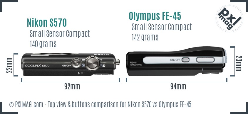 Nikon S570 vs Olympus FE-45 top view buttons comparison