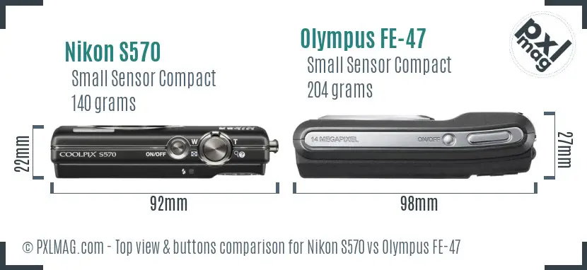 Nikon S570 vs Olympus FE-47 top view buttons comparison Nikon S570 vs Olympus FE-47 top view buttons comparison