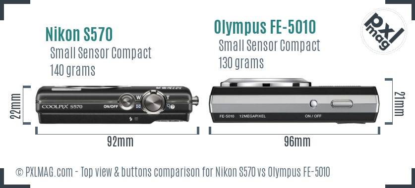 Nikon S570 vs Olympus FE-5010 top view buttons comparison
