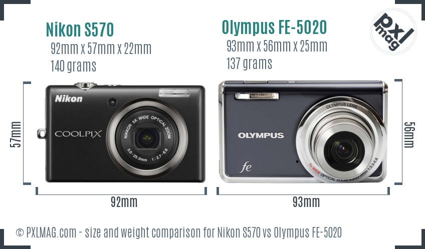 Nikon S570 vs Olympus FE-5020 size comparison