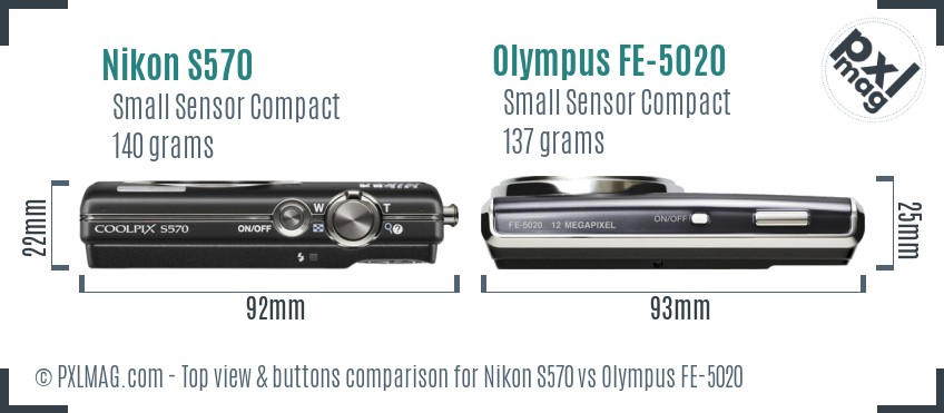 Nikon S570 vs Olympus FE-5020 top view buttons comparison