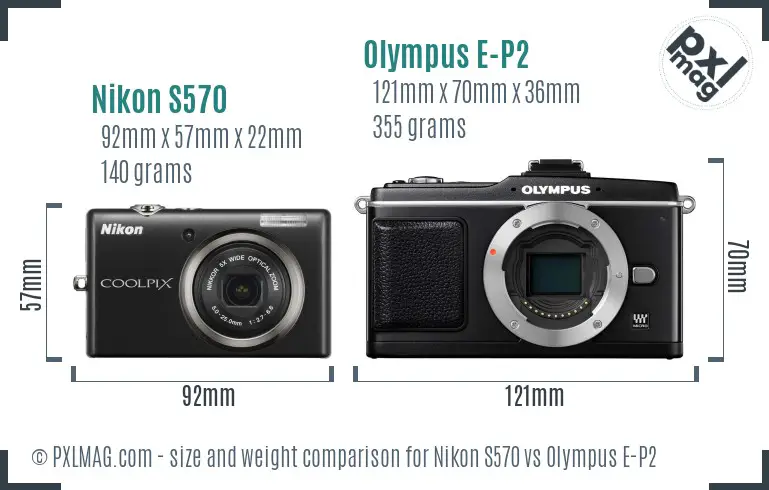 Nikon S570 vs Olympus E-P2 size comparison