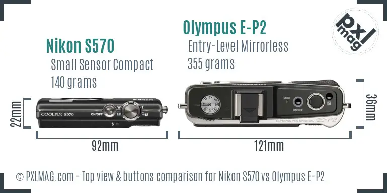 Nikon S570 vs Olympus E-P2 top view buttons comparison