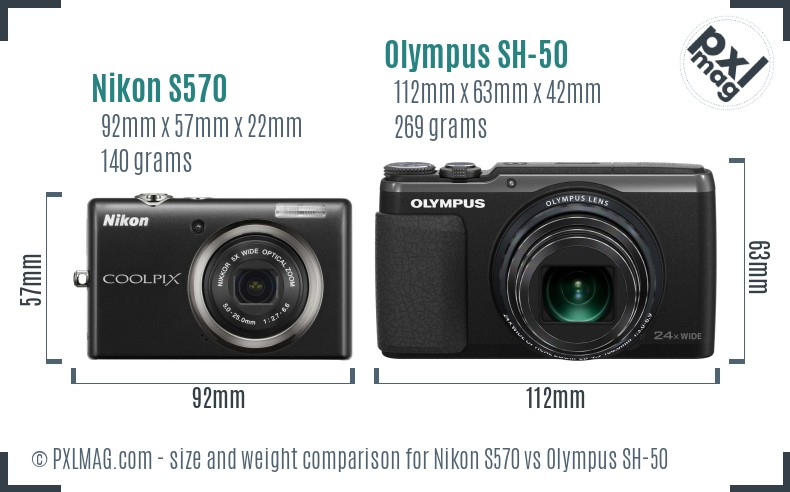 Nikon S570 vs Olympus SH-50 size comparison